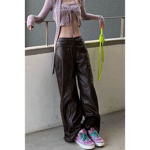 春秋新款 复古辣妹低腰阔腿皮裤 分割设计垂感宽松拖地长裤