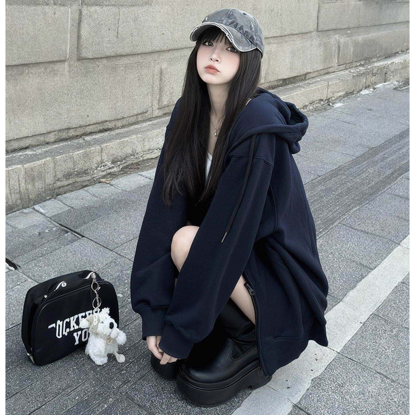 连帽卫衣外套女开衫春秋2026新款爆款藏蓝色春夏加绒加厚宽松上衣