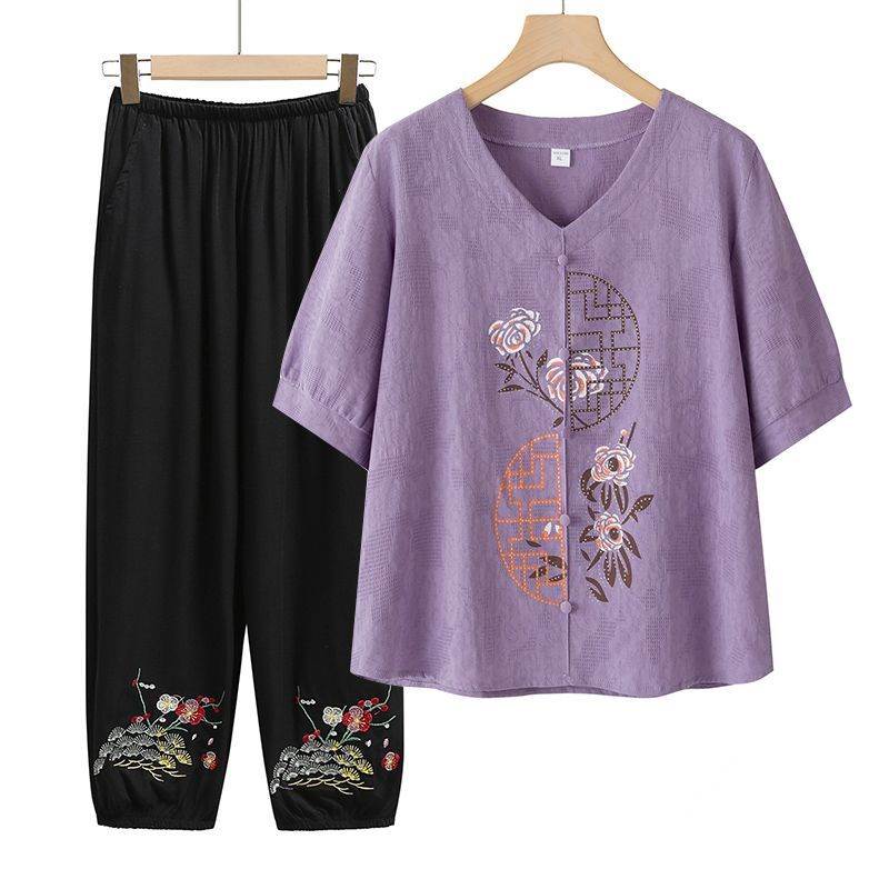 中老年人妈妈装春夏季假两件上衣老太太衣服奶奶装夏装套装棉麻衫
