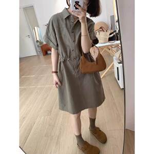 气质潮流时装工装风连衣裙女夏季新款翻领收腰小个子时髦短袖裙子