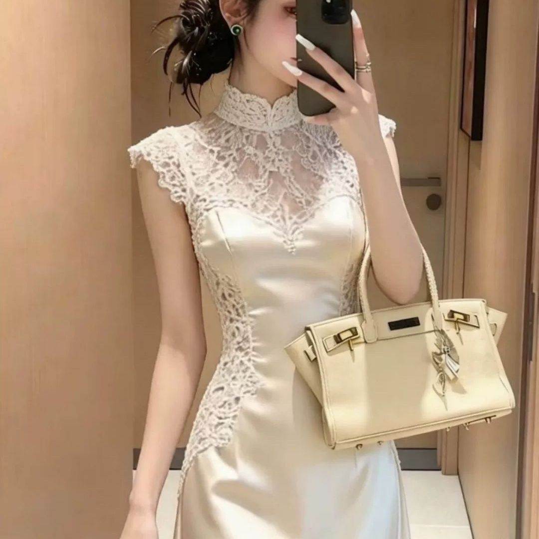 轻奢风重工蕾丝缎面连衣裙女收腰显瘦长裙优雅气质无袖修身刺绣