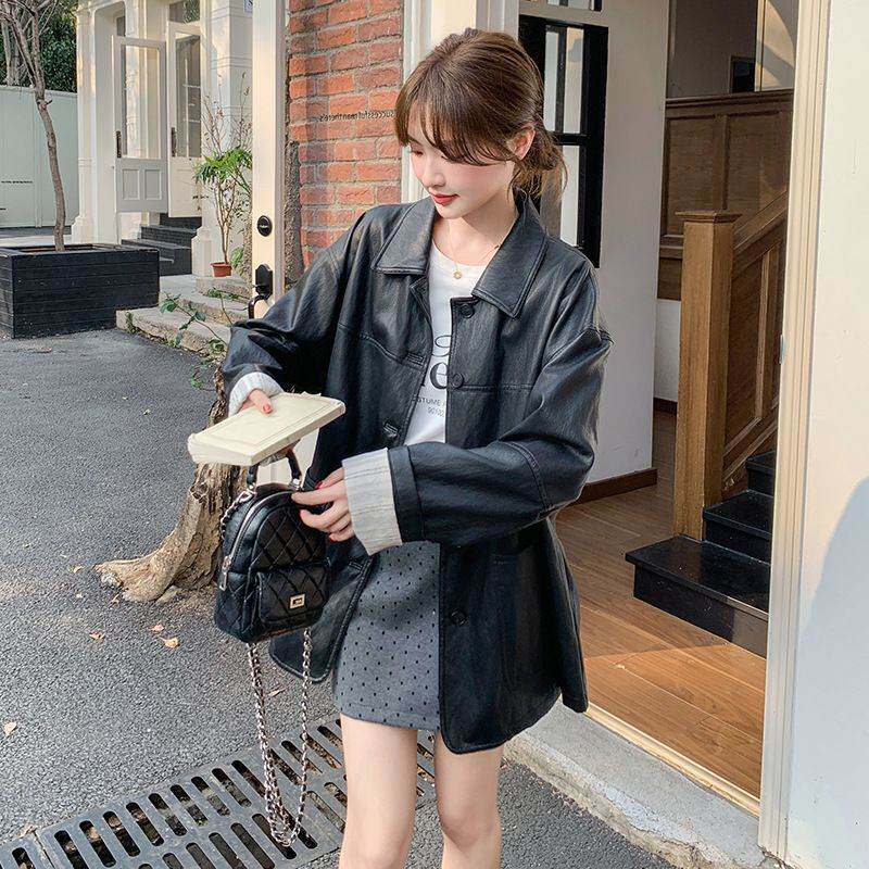 黑色复古皮衣外套女2026春秋新款小个子潮酷辣妹中长款软皮风衣