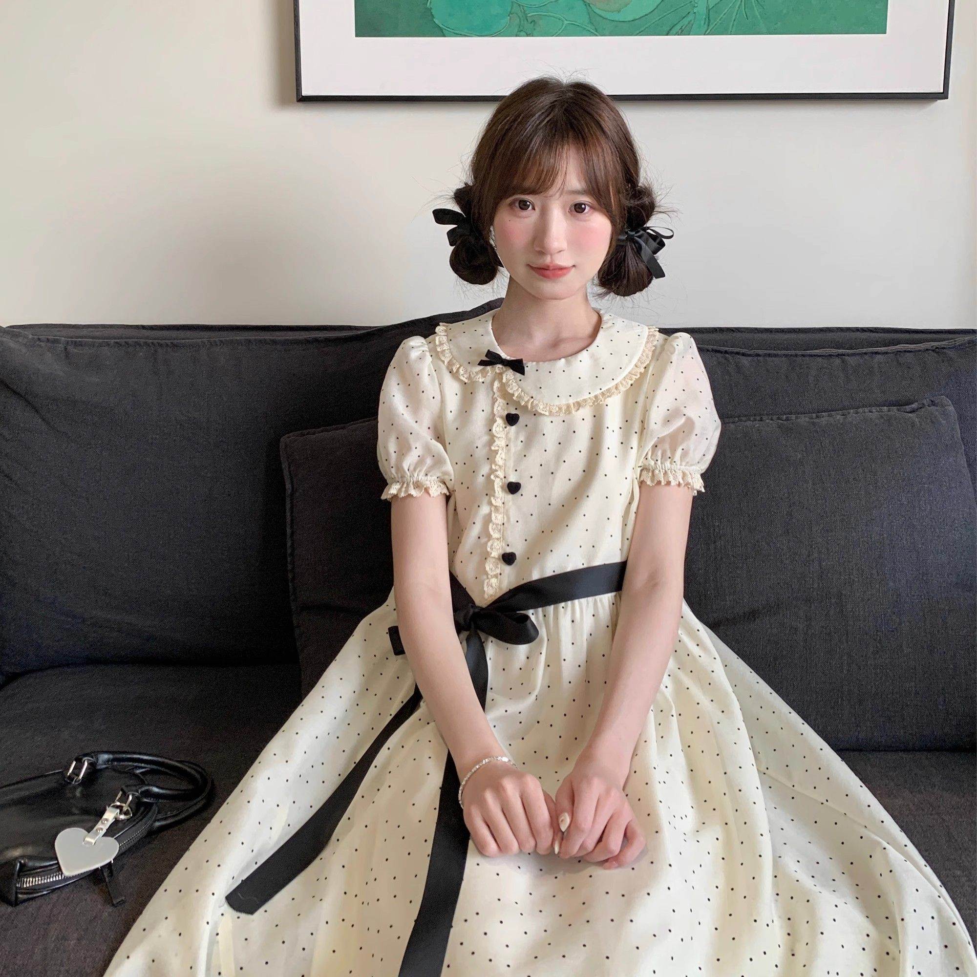 法式复古甜美洋气花边娃娃领连衣裙女可爱少女蝴蝶结小个子蓬蓬裙