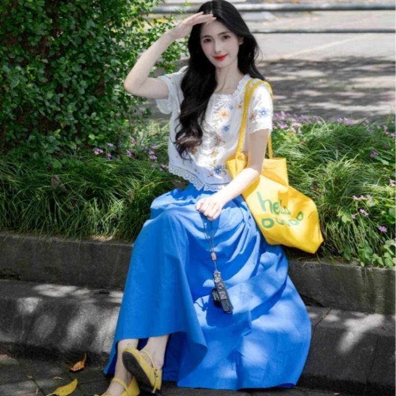 夏装搭配一整套女2026日系复古减龄娃娃领刺绣碎花衬衫高腰半身裙