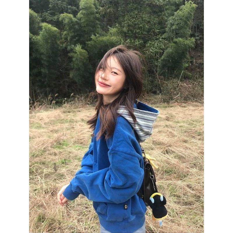韩系慵懒风蓝色水洗连帽卫衣女秋冬季设计感宽松百搭条纹帽衫外套