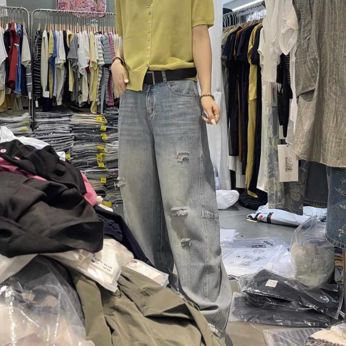 高腰破洞弯刀牛仔裤女2026夏季新款薄款大码宽松显瘦阔腿拖地裤子