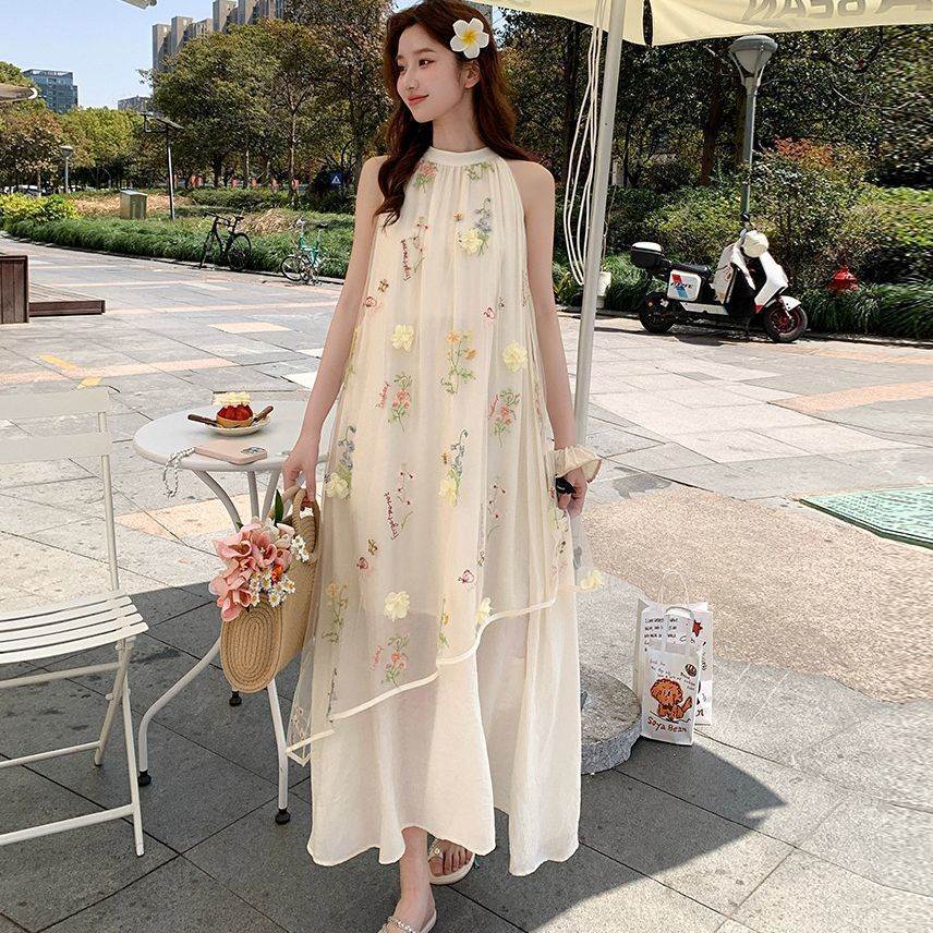 海边度假风碎花刺绣网纱无袖挂脖连衣裙气质绝美漂亮仙女裙子夏季