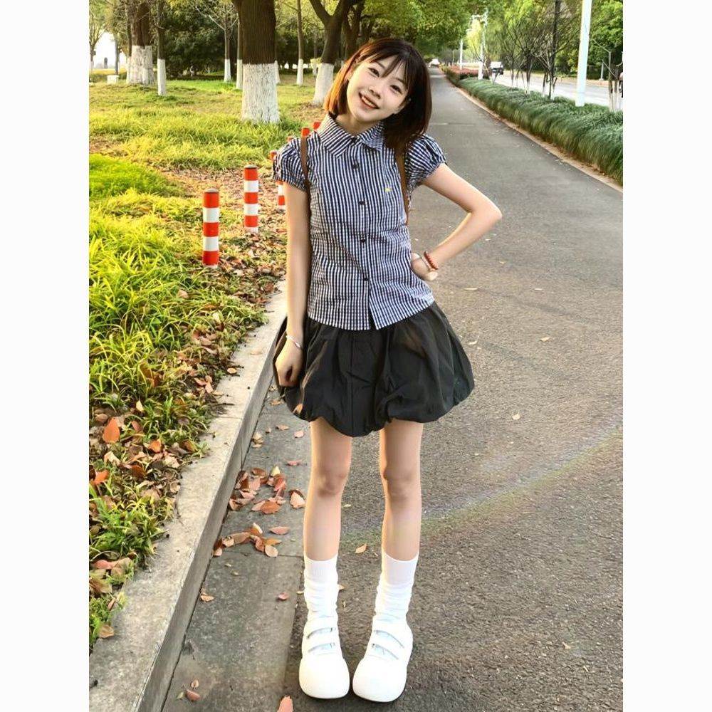 复古少女格子套装夏季收腰短袖衬衫黑色花苞裤裙两件套短裙小个子