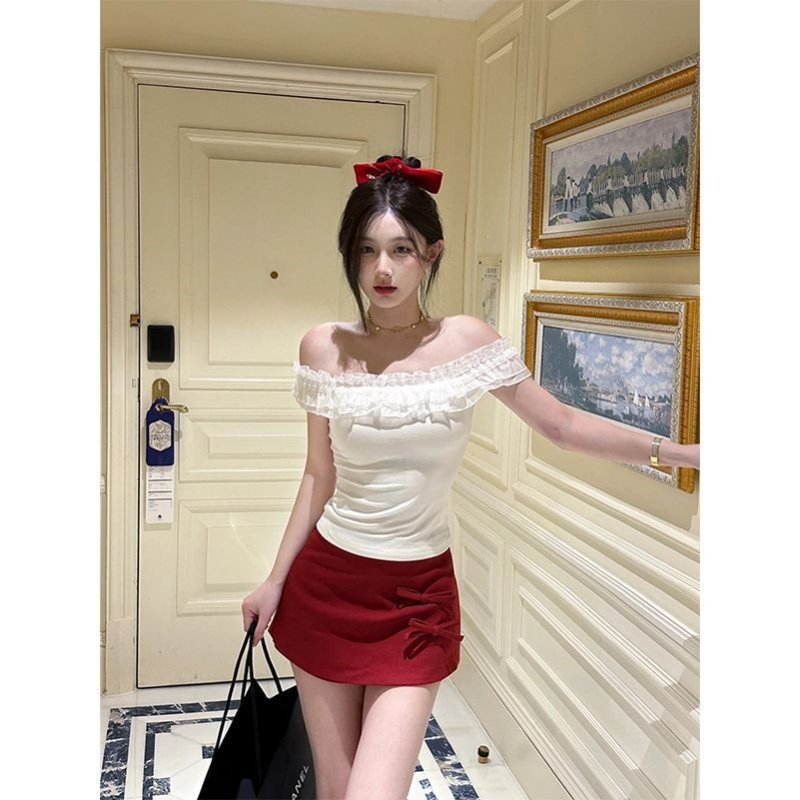 甜辣风套装女夏季新款性感一字肩花边修身T恤+蝴蝶结A字半身裙