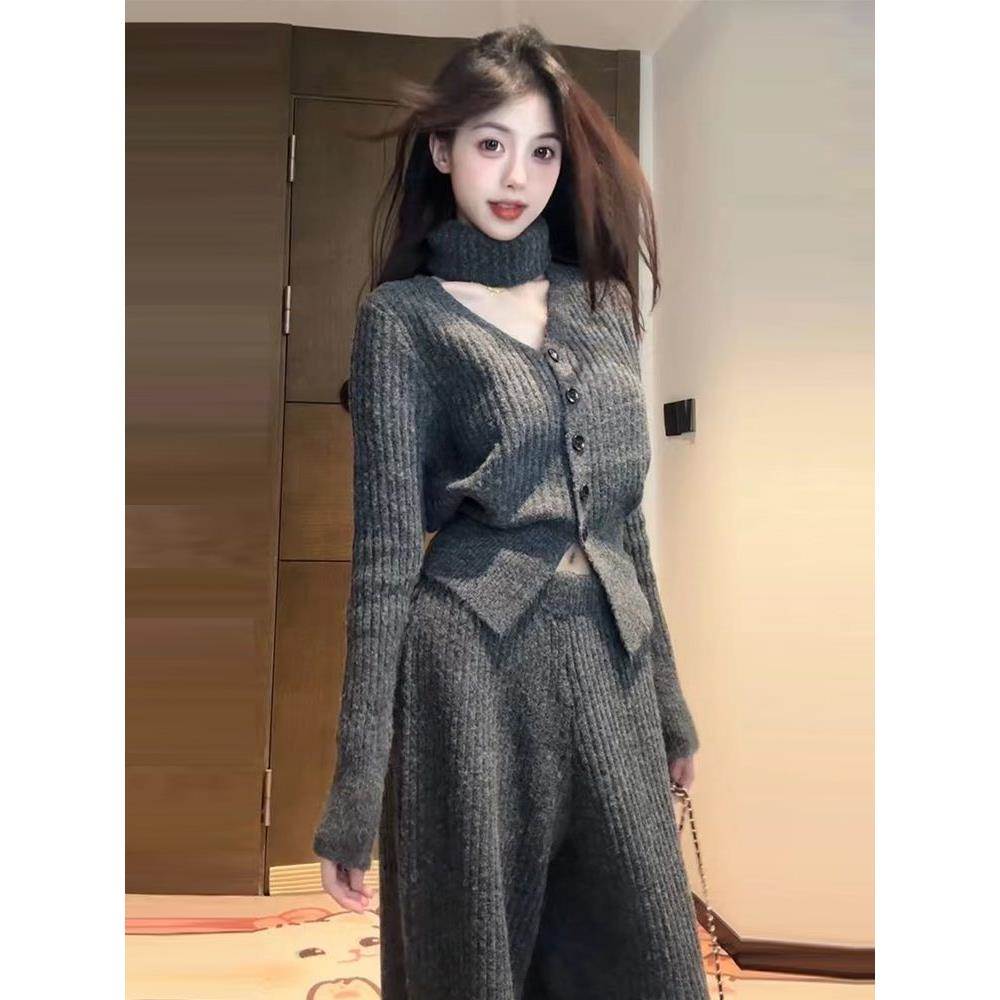 休闲时尚针织套装女春秋搭配一整套洋气长袖毛衣显瘦阔腿裤两件套