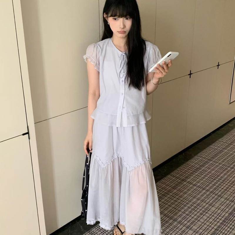 韩系简约泡泡袖荷叶边衬衫套装女26夏季纯色减龄显瘦半身裙两件套