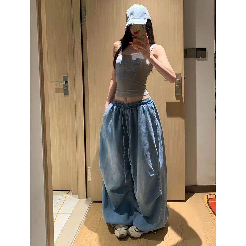 鑫森的店辣妹领印花吊带美背跳舞百搭宽松垂感牛仔长裤套装022