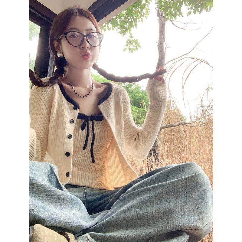入秋韩系穿搭针织开衫吊带裙子女春秋罩衫外搭外套两件套上衣薄款