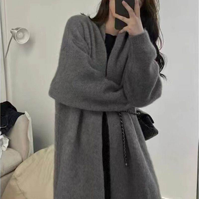 秋春季慵懒风过膝中长款针织开衫女宽松甜美软糯温柔纯色毛衣外套