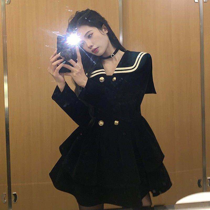 大码设计感学院风连衣裙女秋冬胖海军领双排扣黑色气质大摆裙子