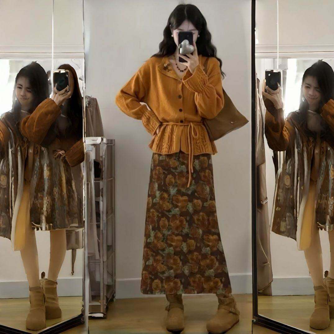 大码巨好看的秋冬一整套多巴胺温柔漂亮针织毛衣油画半身裙套装女