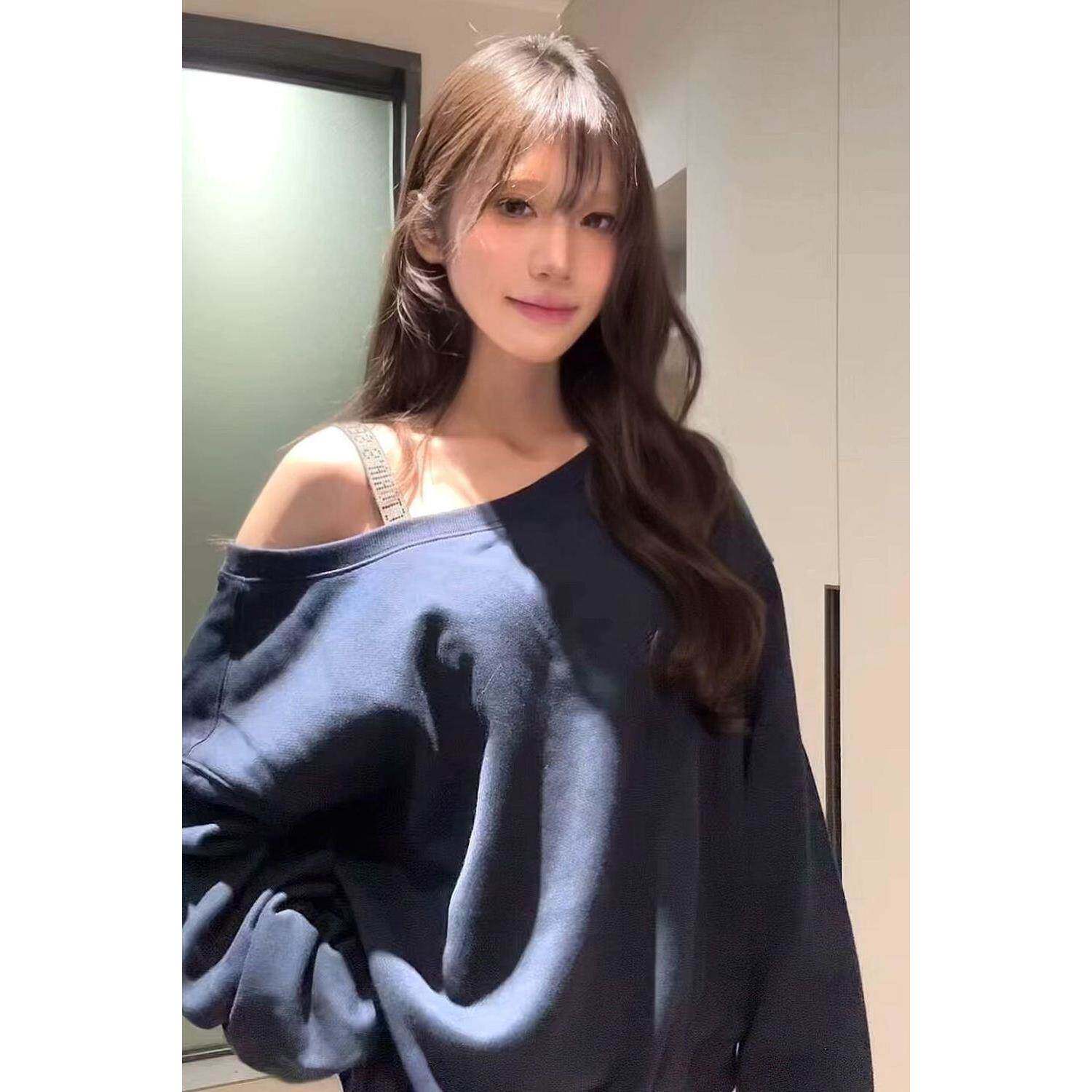 100棉小众慵懒风斜肩卫衣女春春季设计感宽松显瘦百搭上衣