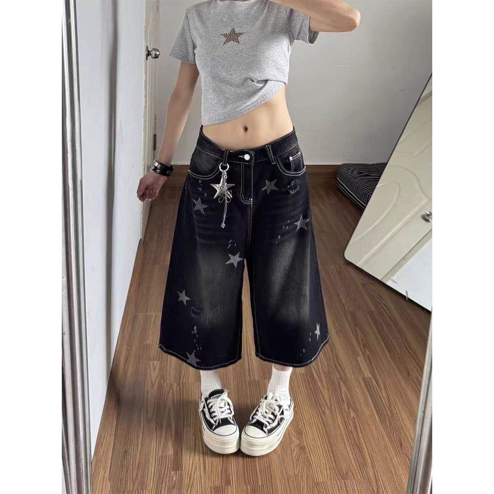 复古星星印花牛仔短裤裤子女款2026夏季新款阔腿裤七分裤直筒中裤