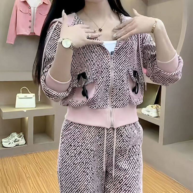 休闲时尚运动服套装女2025早秋新款显瘦开衫连帽外套阔腿裤两件套