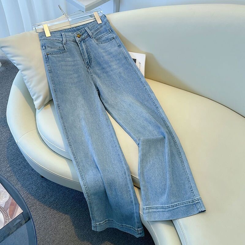 夏季薄款浅蓝色九分窄版直筒牛仔裤女2025新款高腰小个子阔腿裤子