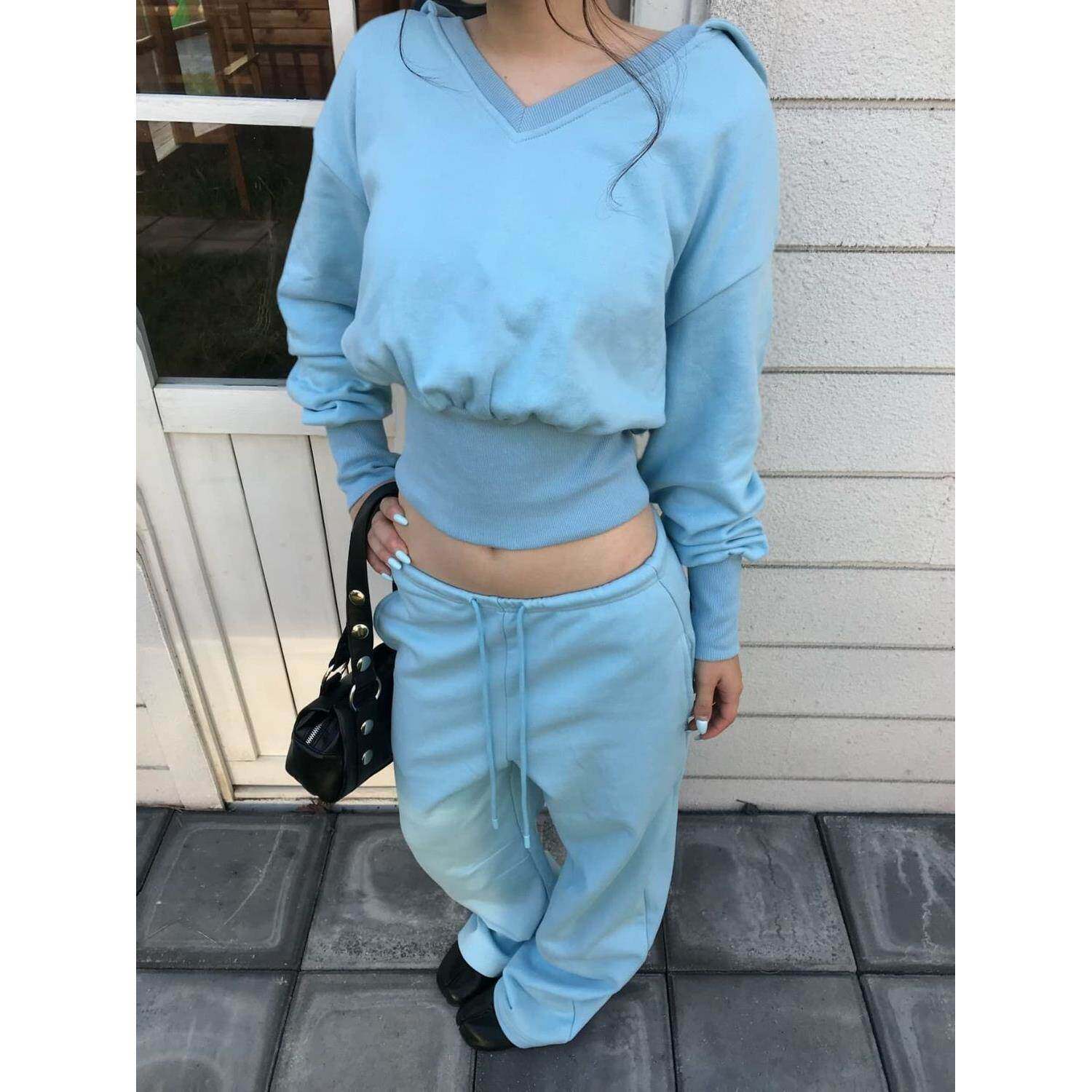 美式双色辣妹领连帽收腰套头简约卫衣宽松松紧腰休闲卫裤套装