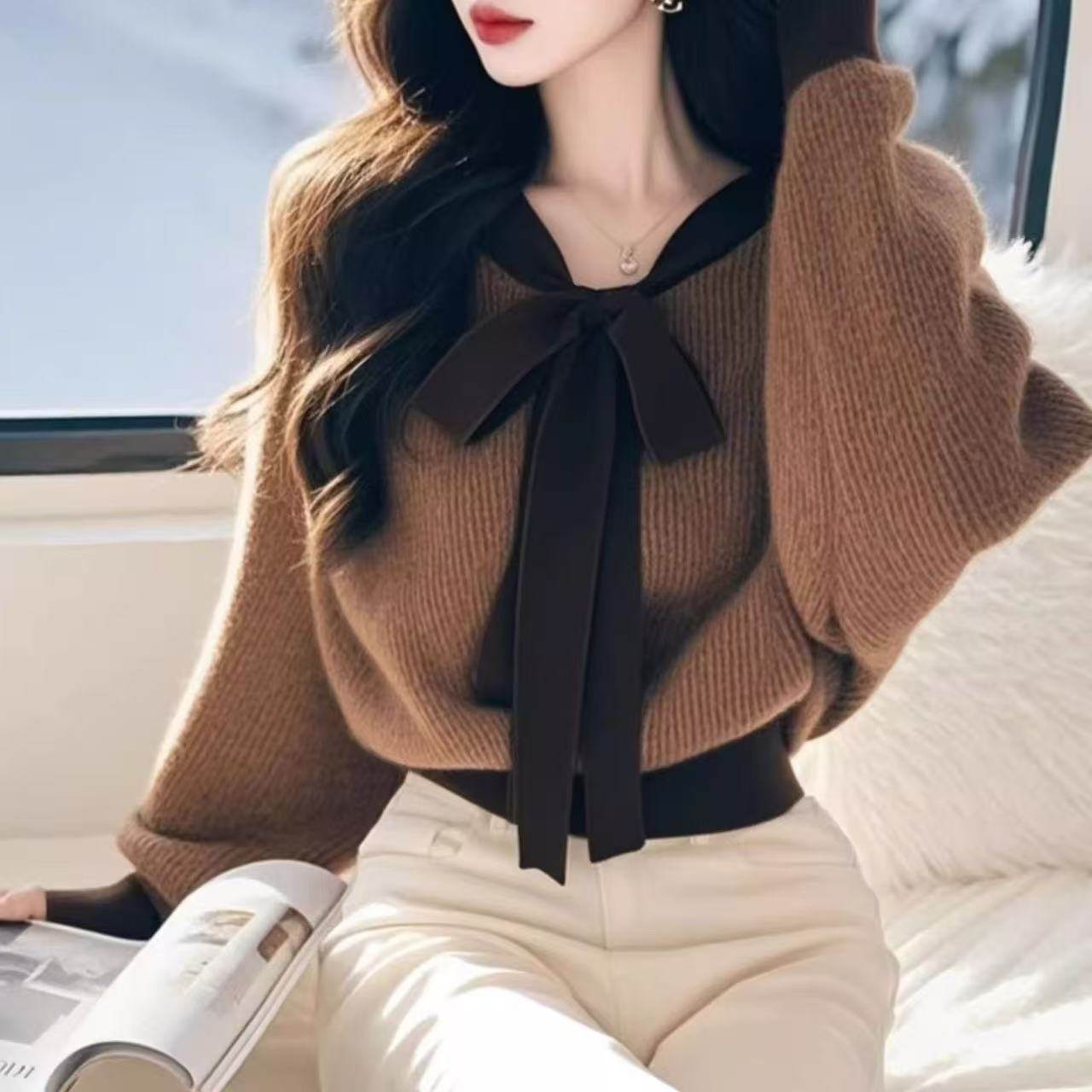 春秋新款好看法式高级绑带系带蝴蝶结针织套头上衣宽松毛衣女春冬