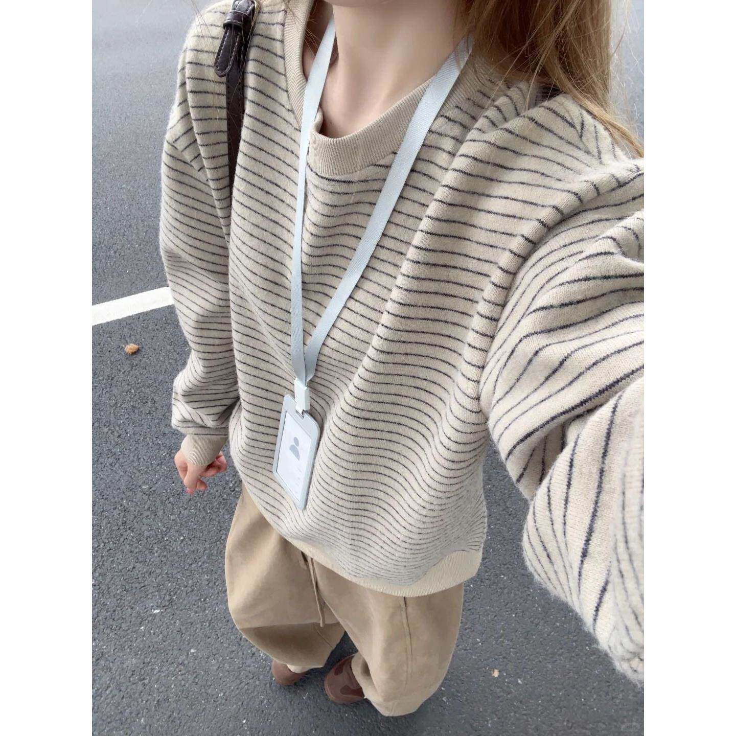 复古韩系慵懒条纹圆领卫衣无帽女2026春秋新款宽松百搭休闲上衣
