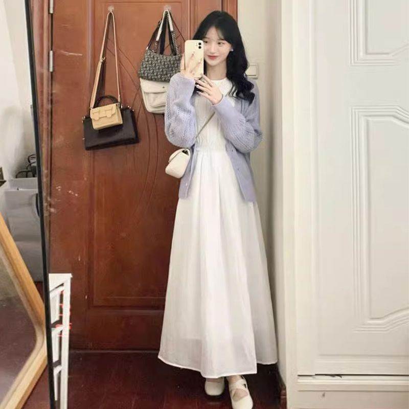 春秋装搭配一整套韩系氛围感减龄微胖穿搭毛衣开衫内搭连衣裙套装图片