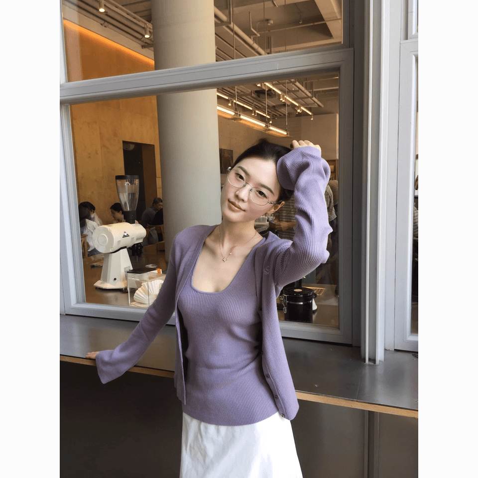 紫色长袖薄款针织开衫外套女春秋春季韩系穿搭针织吊带两件套上衣