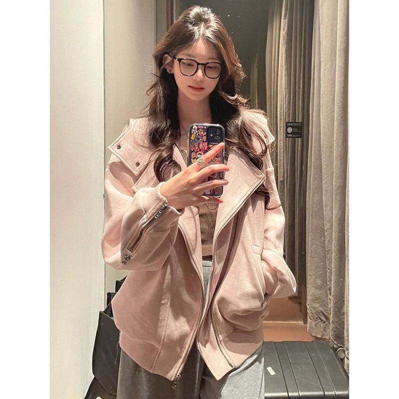 粉色连帽宽松长袖双拉链卫衣开衫春秋新款设计感休闲外套女