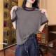 2026新款 恤女休闲百搭洋气撞色灰色上衣夏 正肩拼色圆领短袖