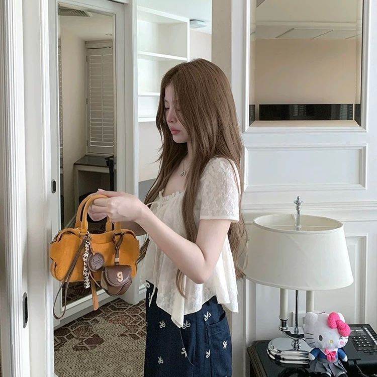 蕾丝布偶超仙蕾丝韩系甜美温柔风微透显瘦短袖衬衫女上衣夏季