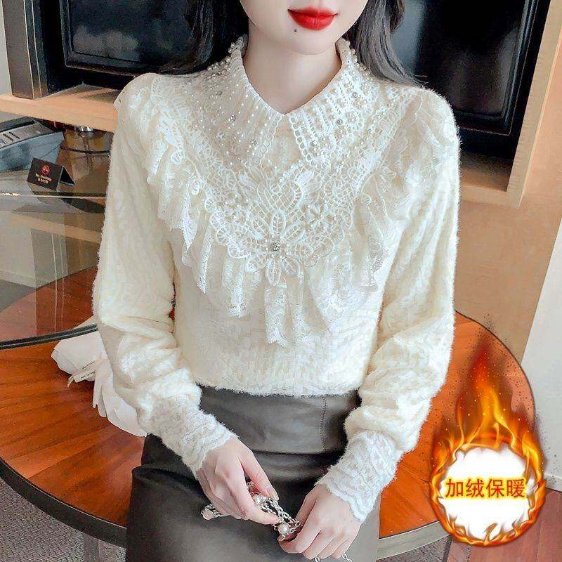 荷叶边加绒娃娃领蕾丝打底衫女秋冬2026新款高端钉珠气质内搭上衣