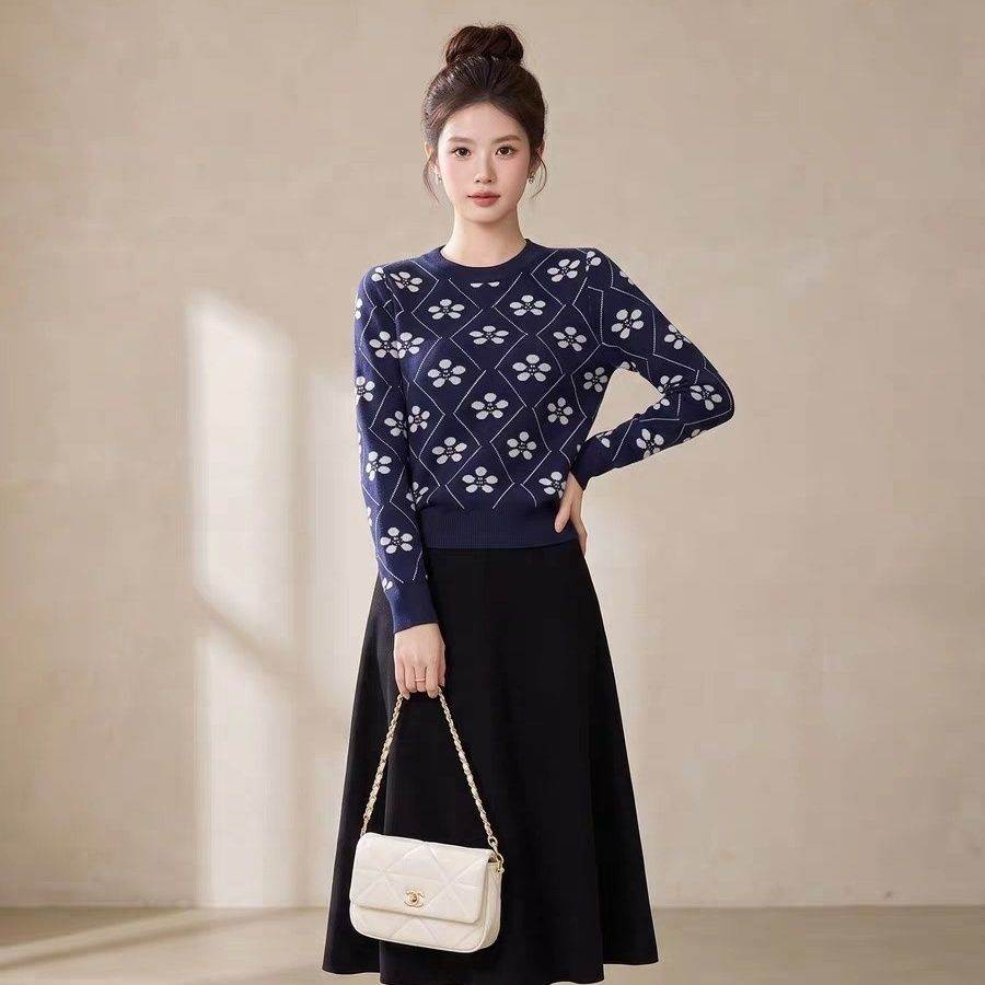 大码女装时尚休闲套装裙女秋提花套头毛衣高腰字针织两件套装裙
