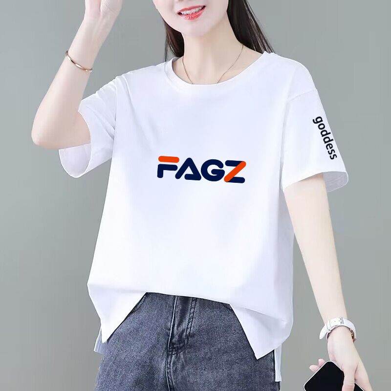 棉字母印花白色女体恤衫宽松显瘦时尚百搭圆领夏季透气薄款短袖