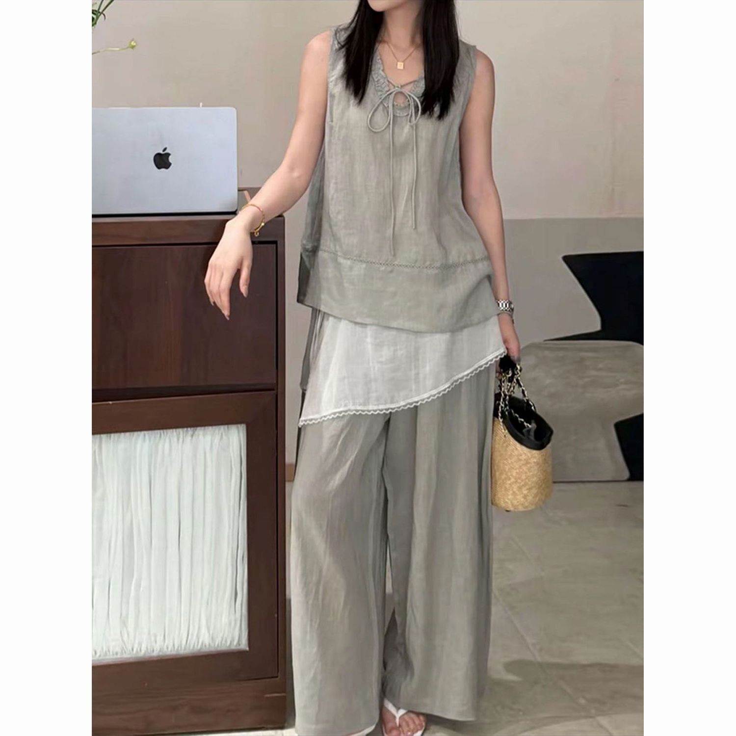 灰绿色无袖系带马甲屁帘阔腿长裤韩系一整套穿搭套装夏季女款
