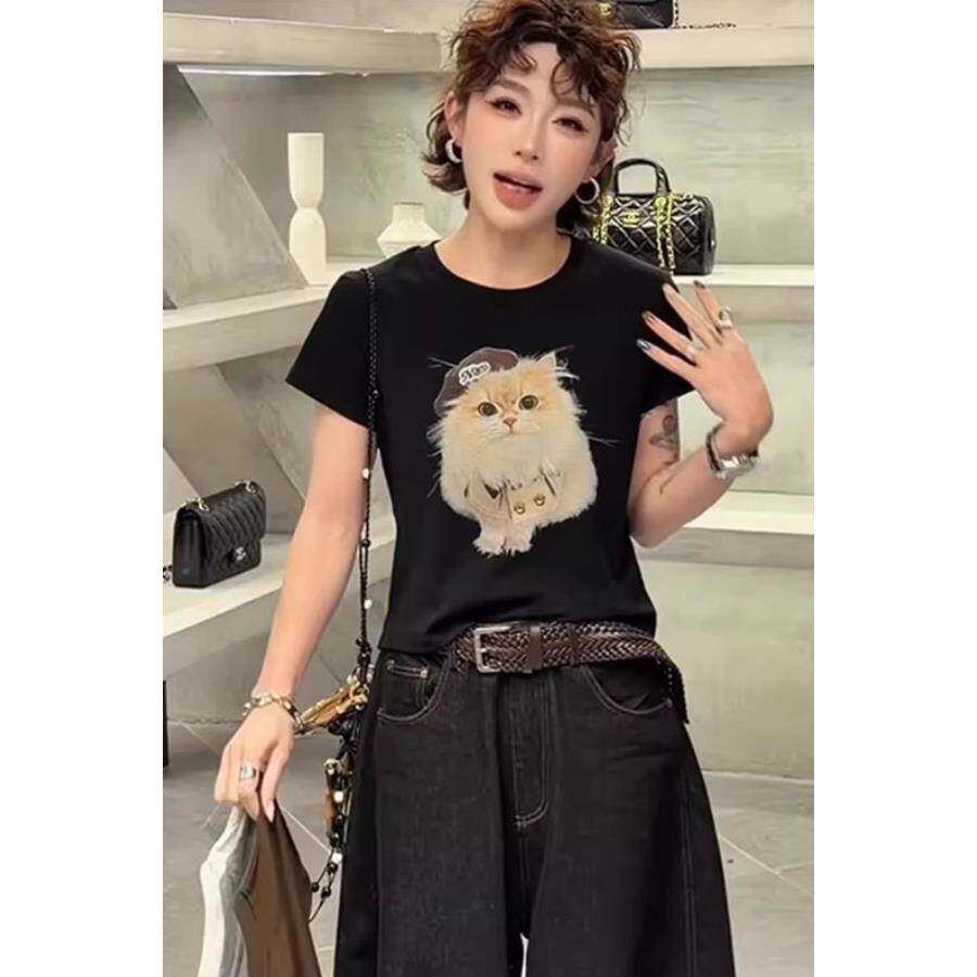 圆领短袖恤女款2026春季新款韩版可爱招财猫咪印花休闲减龄上衣