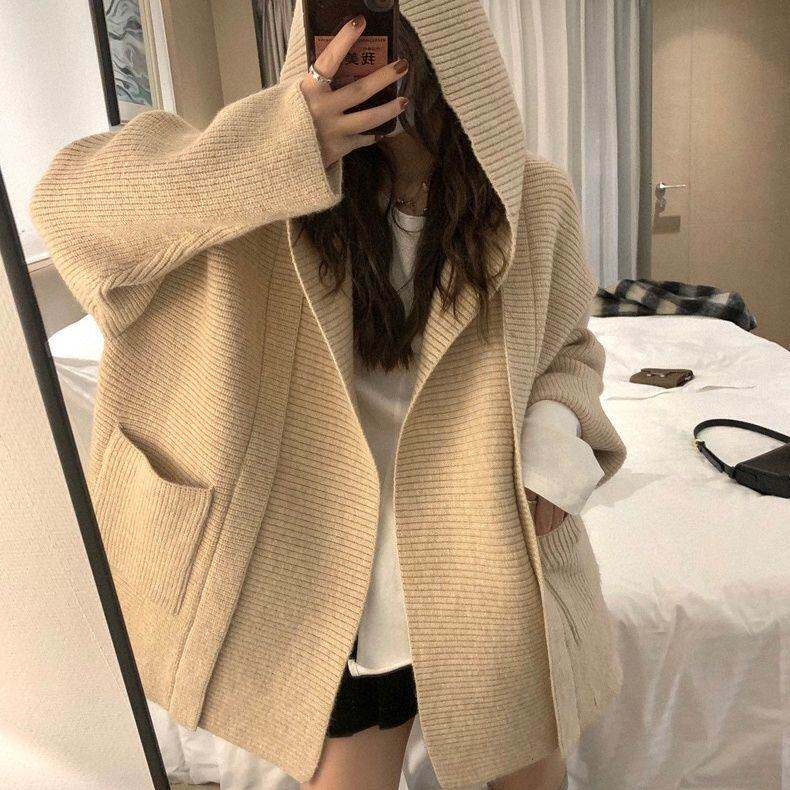 廓形连帽加厚口袋大码针织开衫女秋冬新款韩系设计感小众毛衣外套
