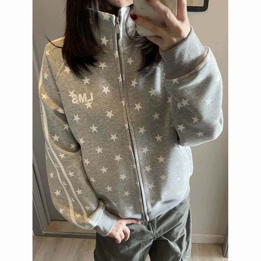 棉春季薄款美式复古粉色立领夹克女满印星星卫衣开衫学院风外套