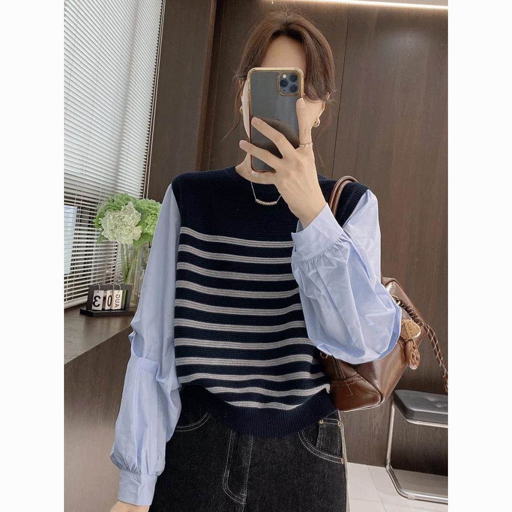 假两件长袖拼接撞色条纹圆领恤衬衫女秋季新款显瘦百搭休闲上衣