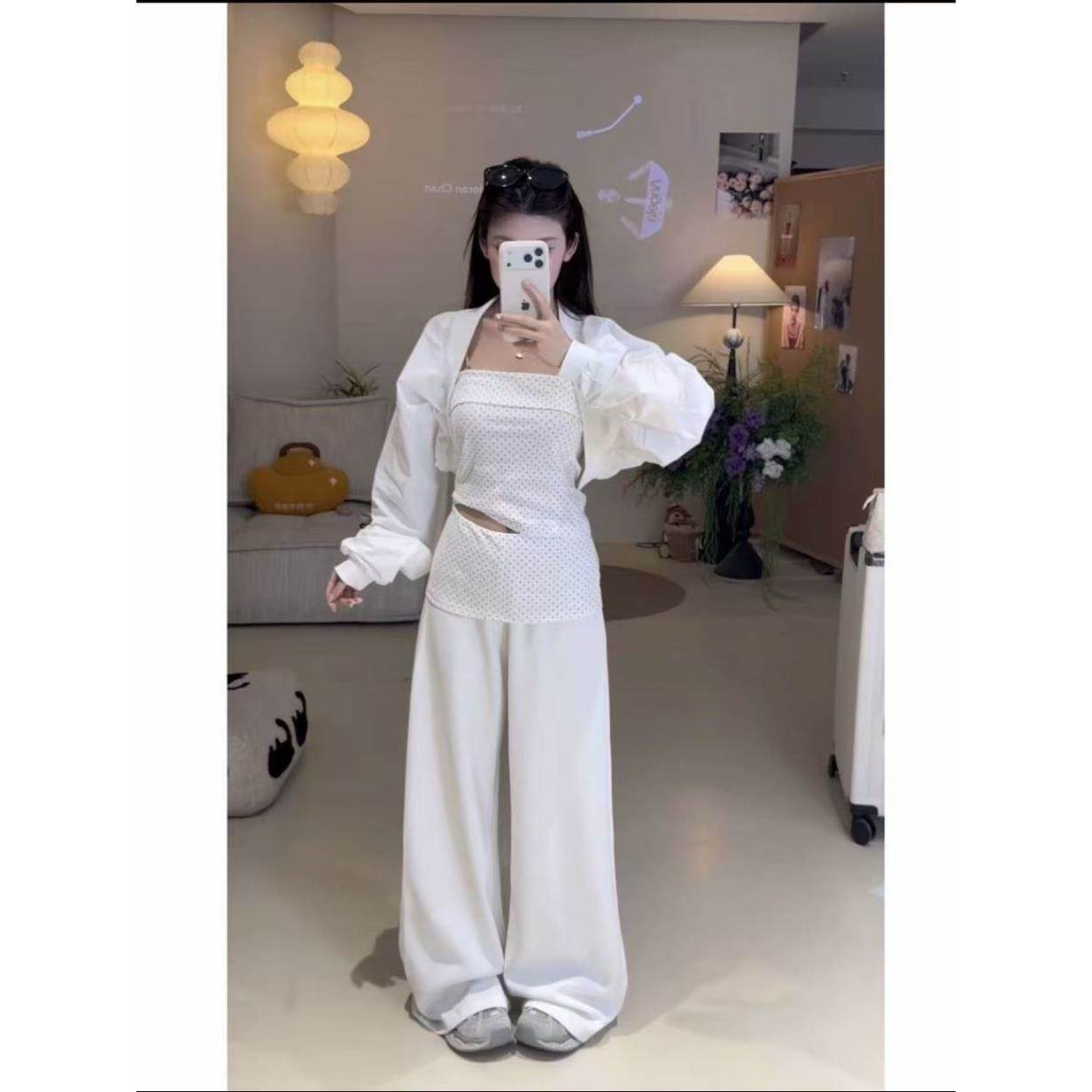 春夏网红辣妹风纯欲波点抹胸套装短款长袖外套高腰阔腿裤三件套