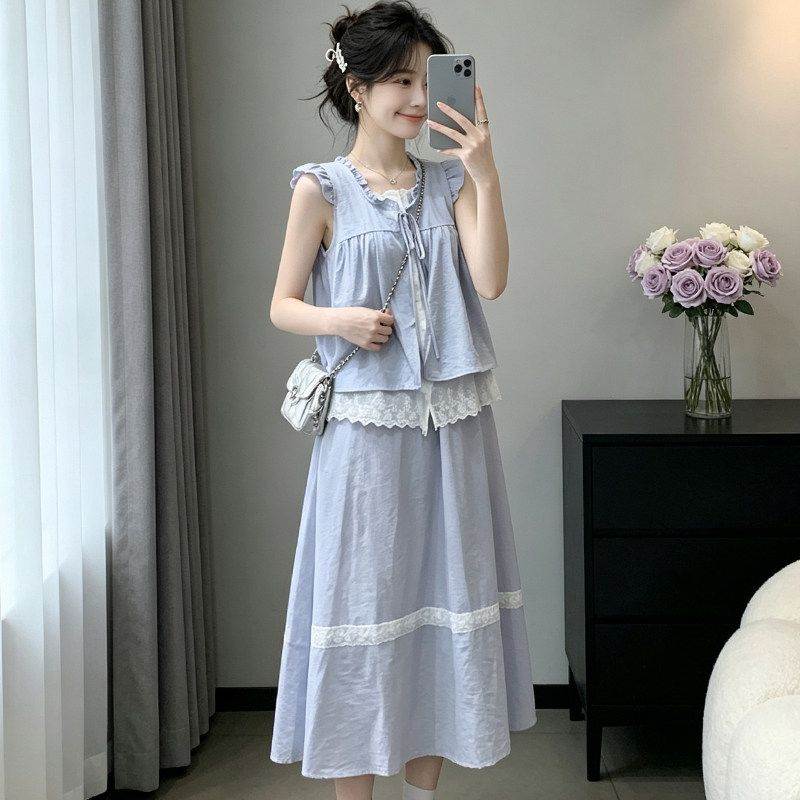 法式温柔套装女夏装2026新款木耳边系带无袖上衣蕾丝半身裙两件套