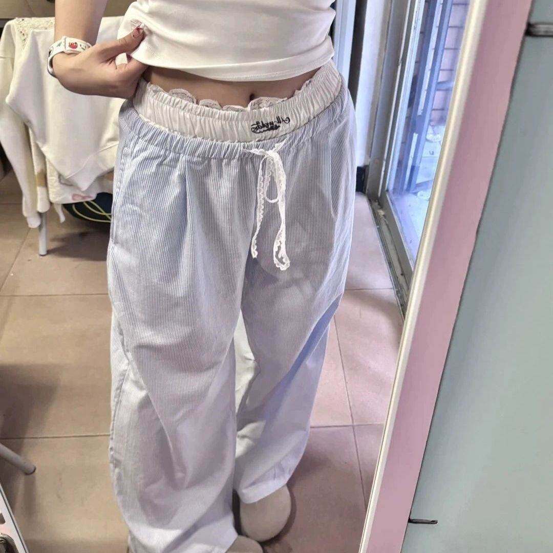 假两件蓝色休闲裤女秋冬蕾丝拼接直筒阔腿裤芭蕾风条纹裤子