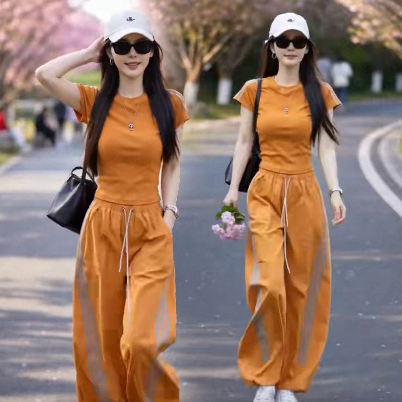 休闲风洋气速干运动套装女夏季新款短袖恤直筒阔腿弯刀裤两件套