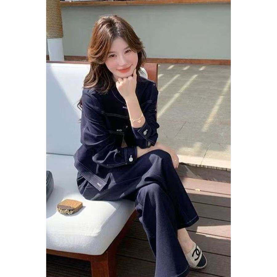 韩系气质牛仔时尚套装2026春季新款显瘦休闲短外套阔腿裤两件套