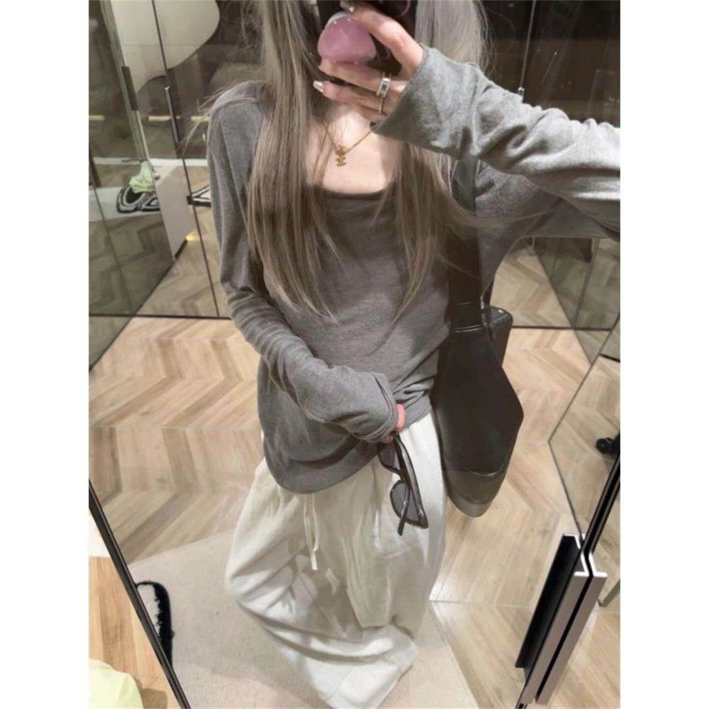 慵懒风灰色薄款灰色罩衫女春秋新款宽松长袖宽松恤空调上衣