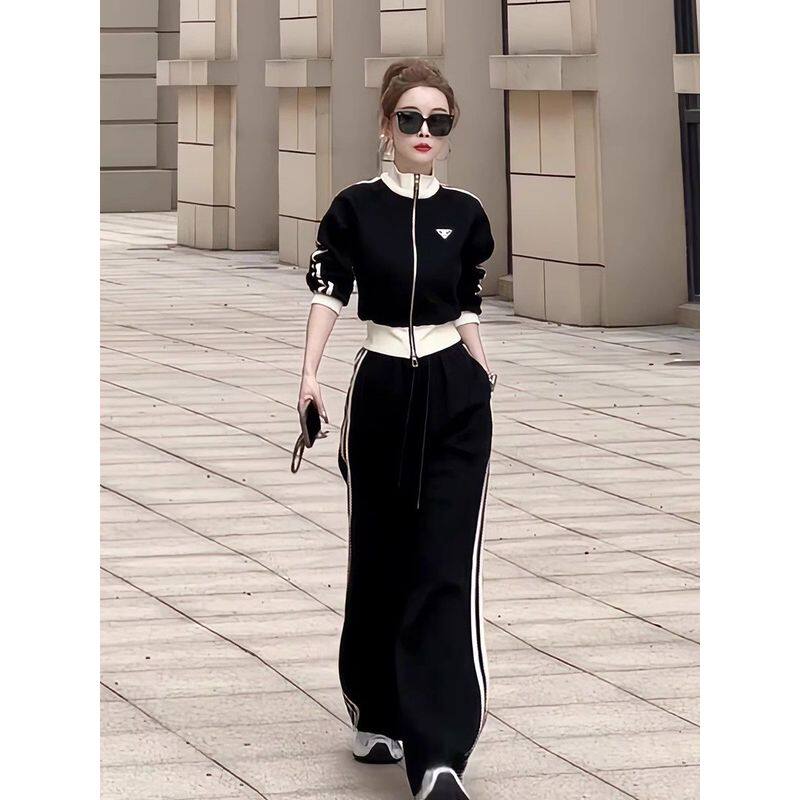 韩版休闲运动风套装女秋季小个子气质撞色短外套阔腿裤加绒两件套