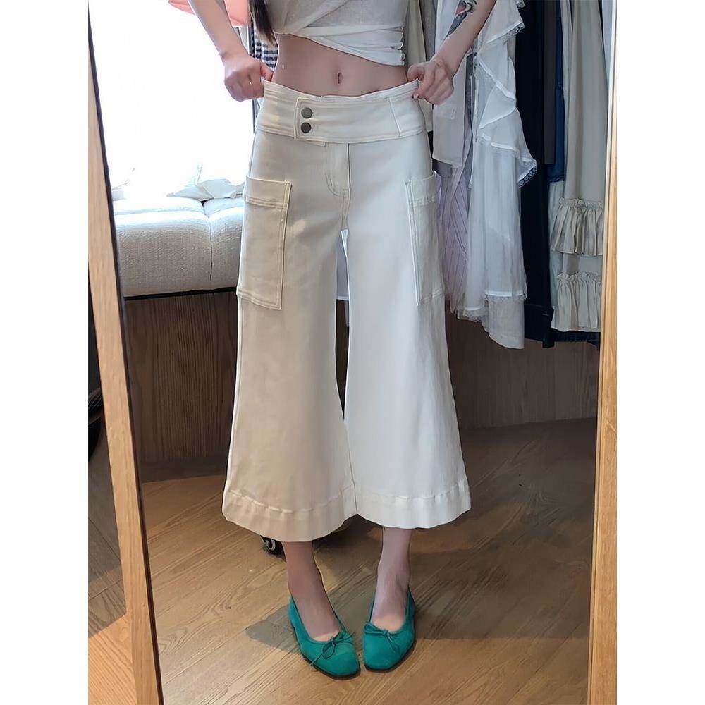美式复古大口袋微喇牛仔裤子女夏季薄款辣妹时尚修身显瘦七分中裤