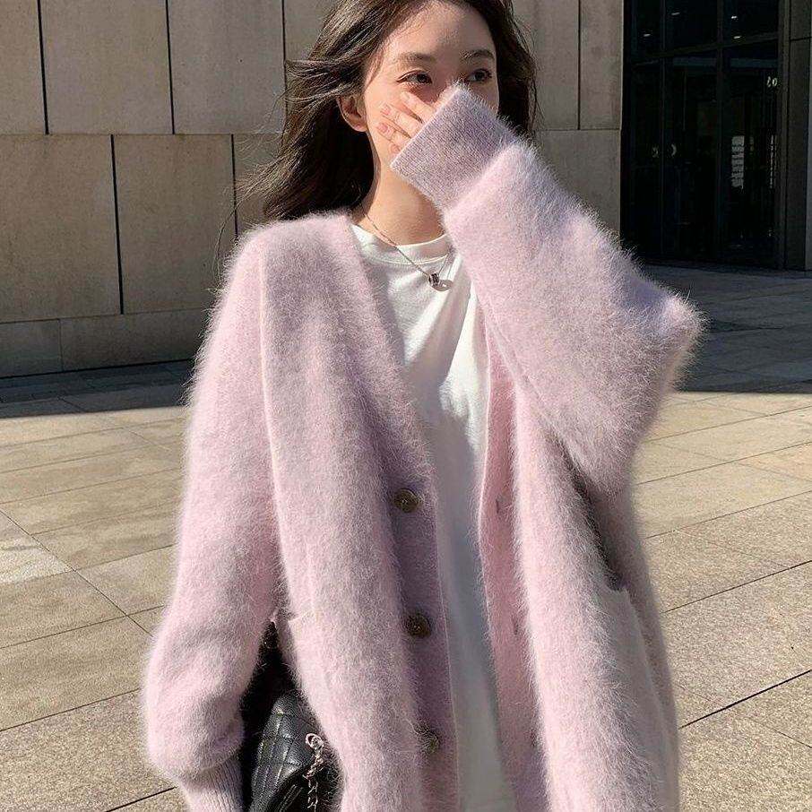 粉紫温柔仿水貂绒毛衣外套女春夏软糯氛围感慵懒风春季加厚针织衫