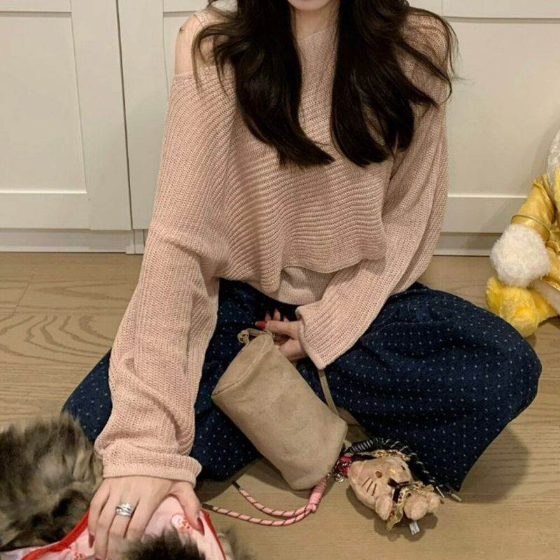 韩系粉色镂空长袖针织衫女早秋季毛衣休闲慵懒风宽松气质露肩上衣